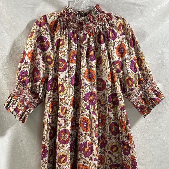 Figue Halima Sz L 100% Cotton Floral Smocked Neckline Tiered Lined Boho Dress - Picture 15 of 16
